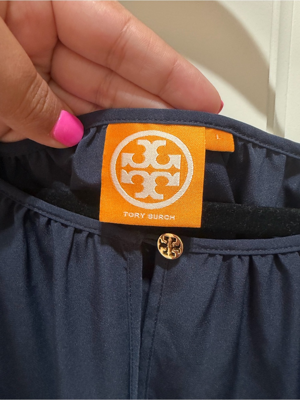 Tory Burch Navy Blue Long Sleeve Blouse Gold Logo Hardware Size L